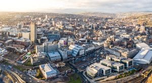 Aerial view of The urban sprawl of the city of Sheffield in South Yorkshire UK