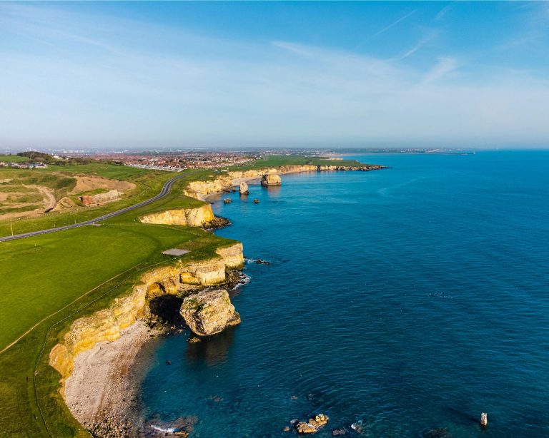 Aerial view of coastline next to Souter Lighthouse near Whitburn and Sunderland in the North East