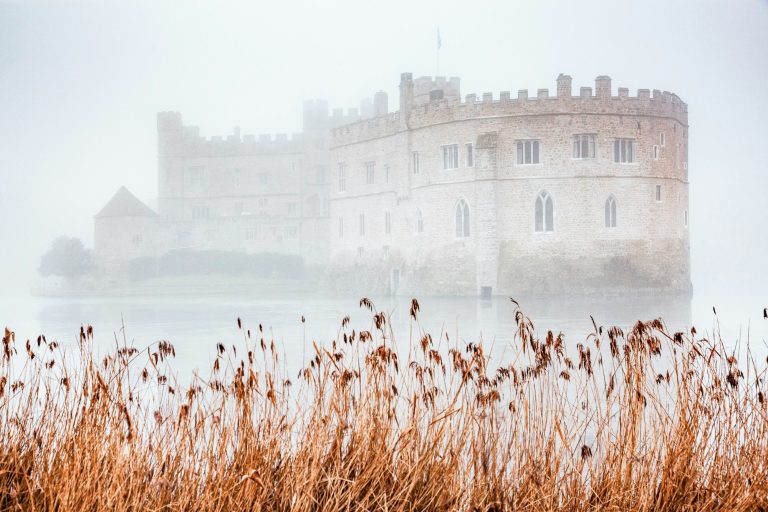 thick fog surrounding Leeds Castle and moat, England