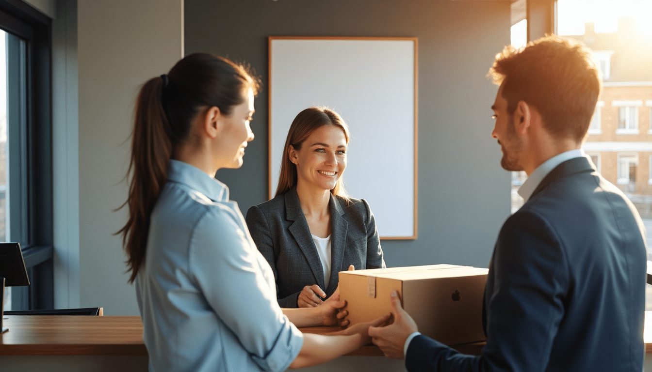 Business staff refuse delivery at reception with poster