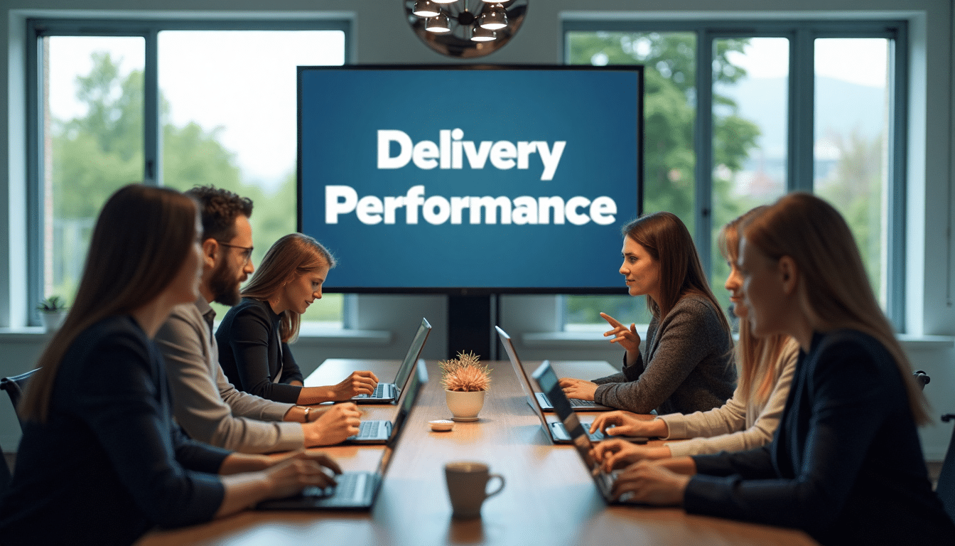 Team collaborating on delivery metrics in office with branded dashboard