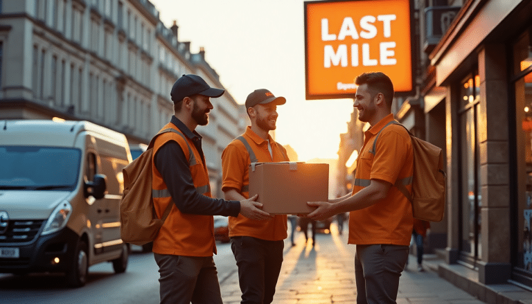 UK delivery van, couriers, and shop owner on urban street