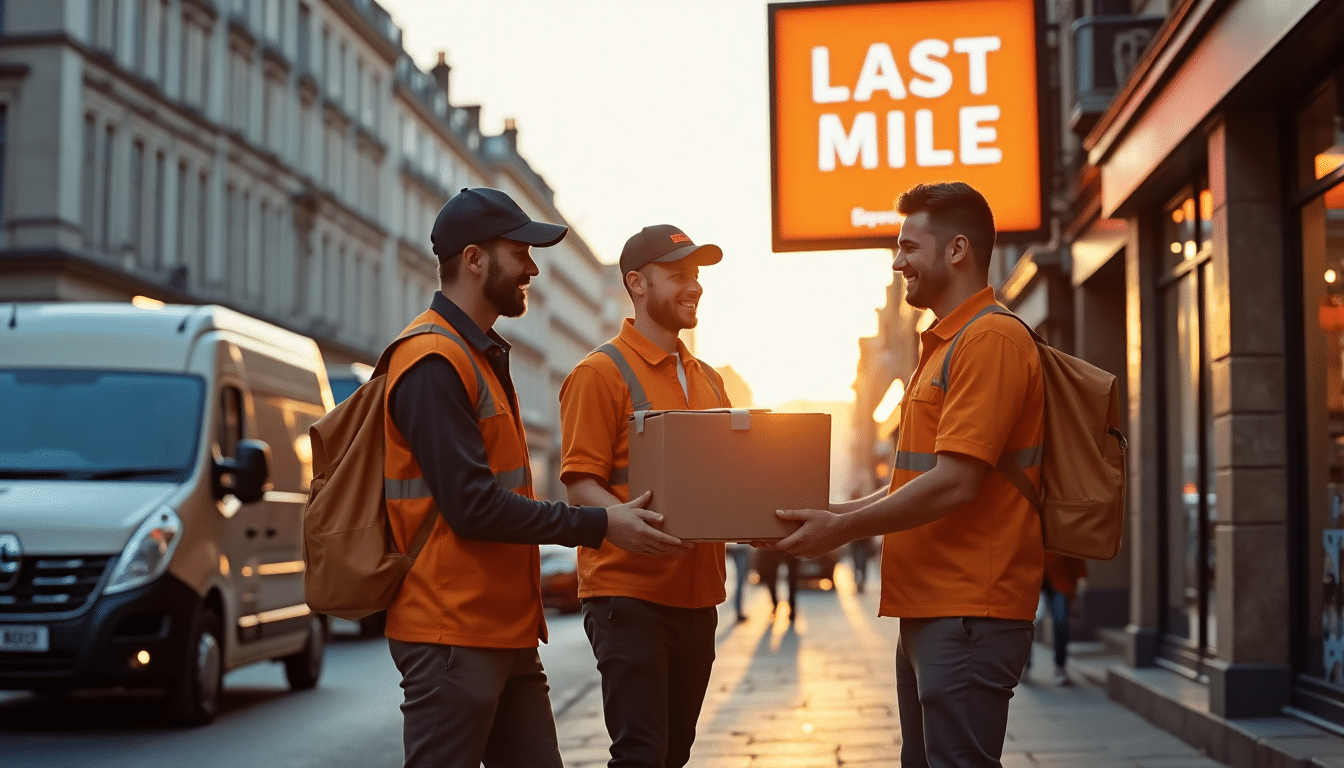 UK delivery van, couriers, and shop owner on urban street