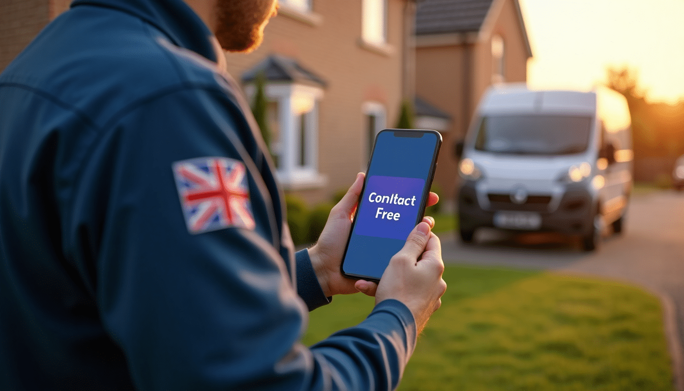 Courier leaving package at UK home with contact free banner