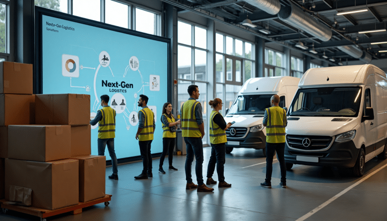 Modern UK logistics hub with teams using digital screens and electric vans