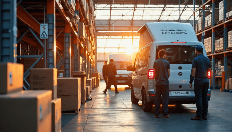 Modern UK logistics hub with electric vans, workers, and live data dashboard