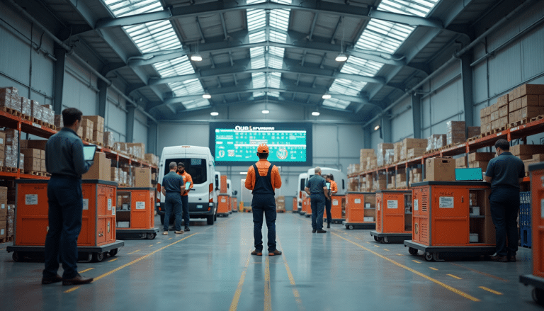 Warehouse staff and drivers preparing packages with 'Delivery Window' on digital screen