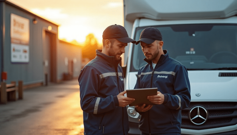 UK delivery drivers reviewing route and qualifications at depot