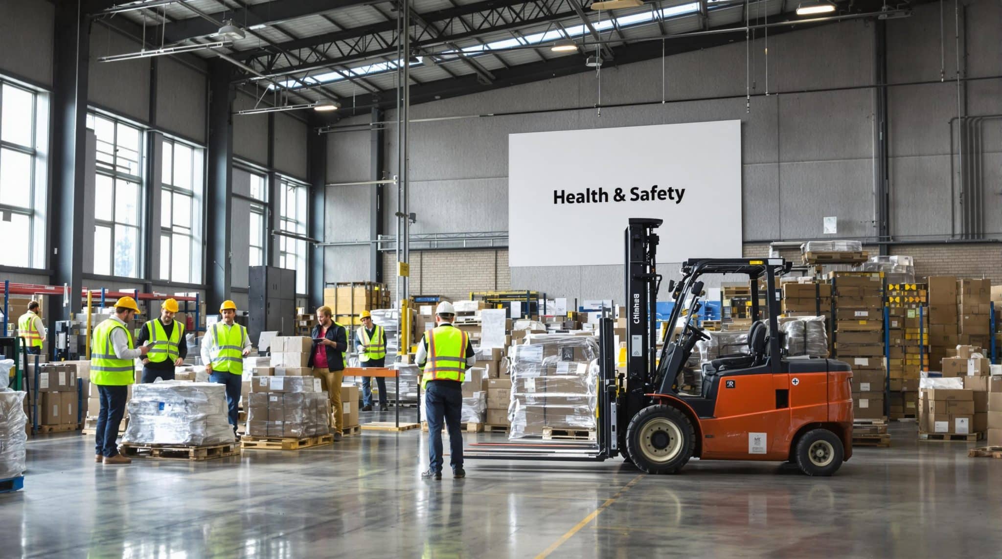 Logistics warehouse with workers, forklift, and visible health and safety signage