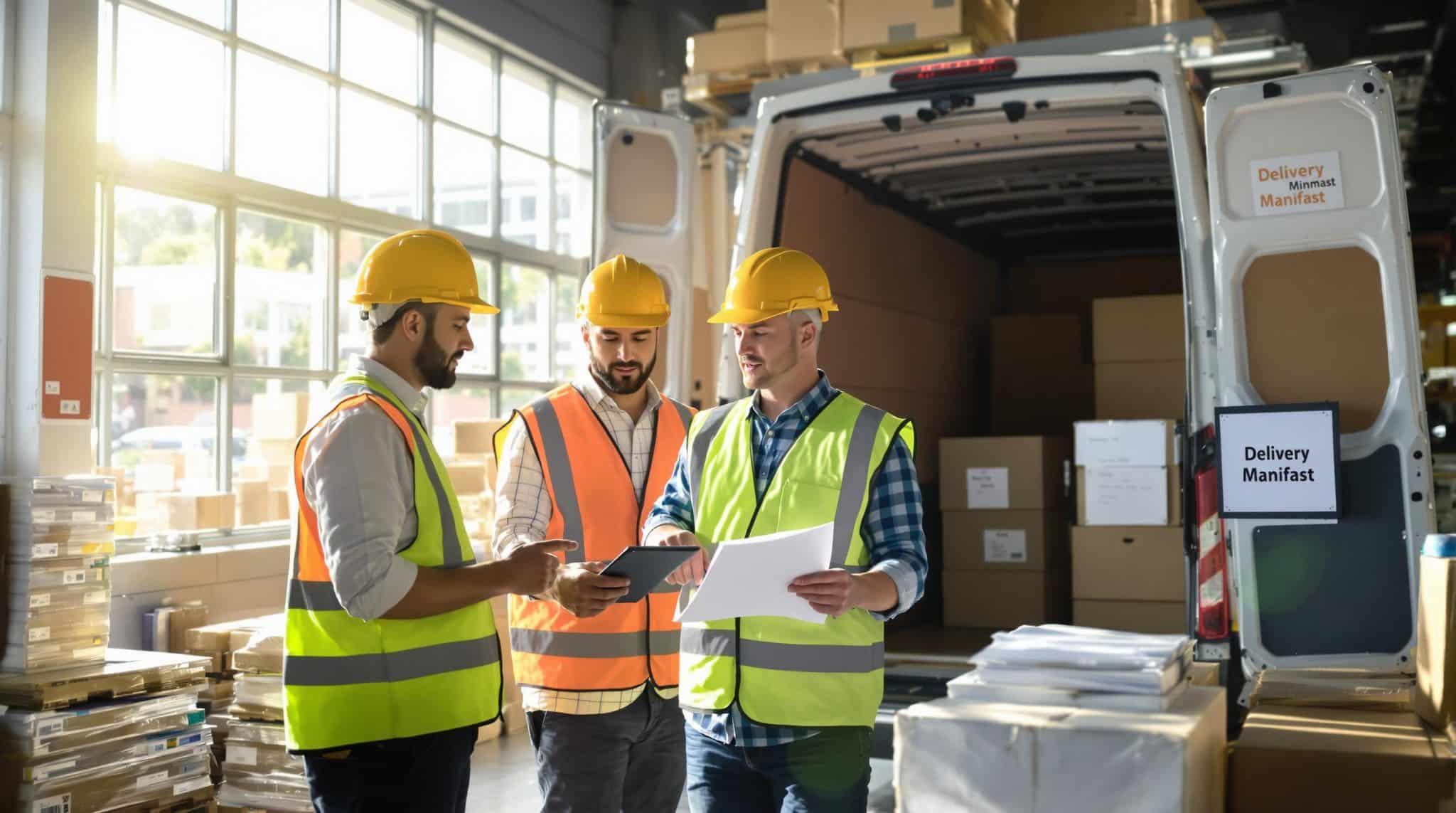 Warehouse staff reviewing delivery manifest paperwork beside parcels and van