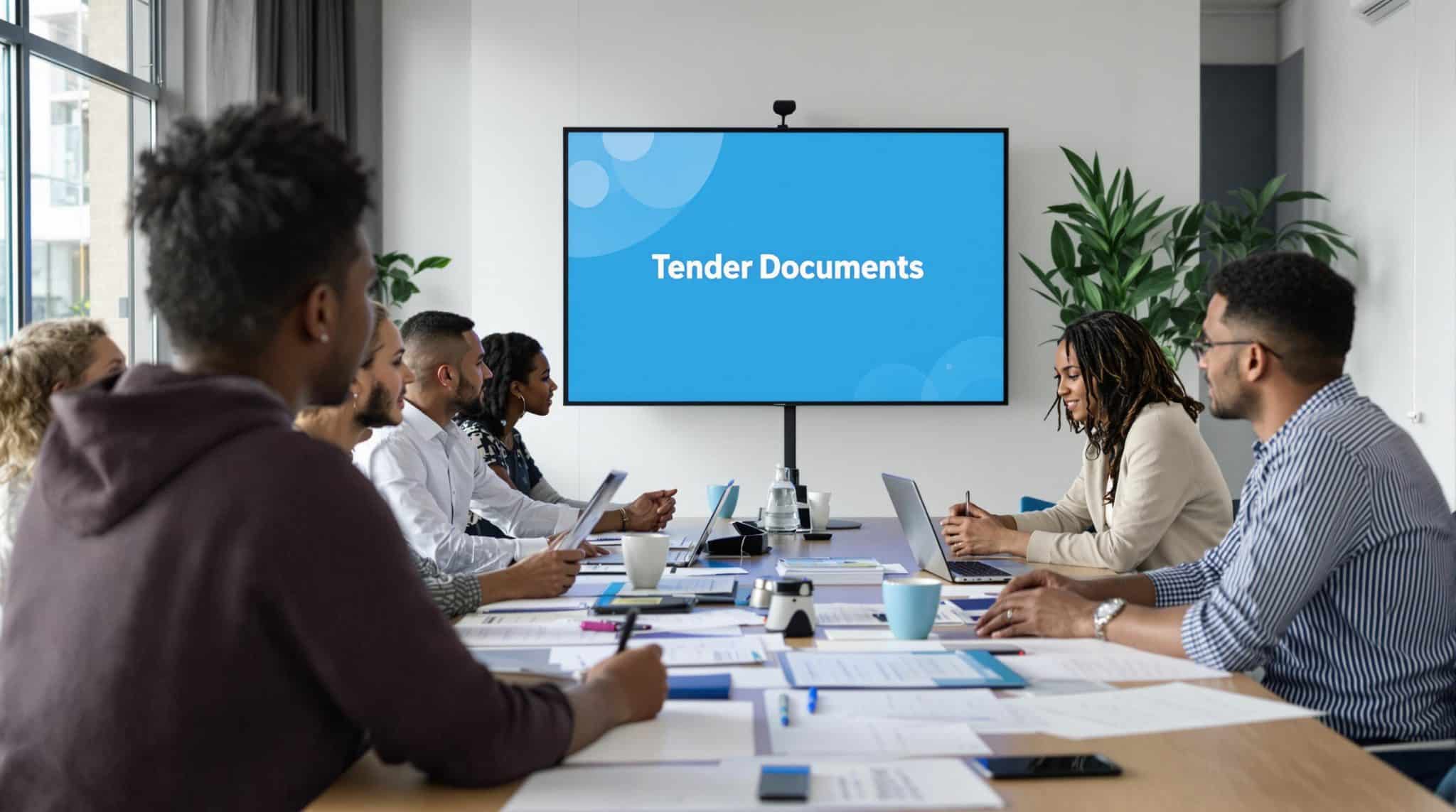UK business team collaborating over tender documents in a bright office