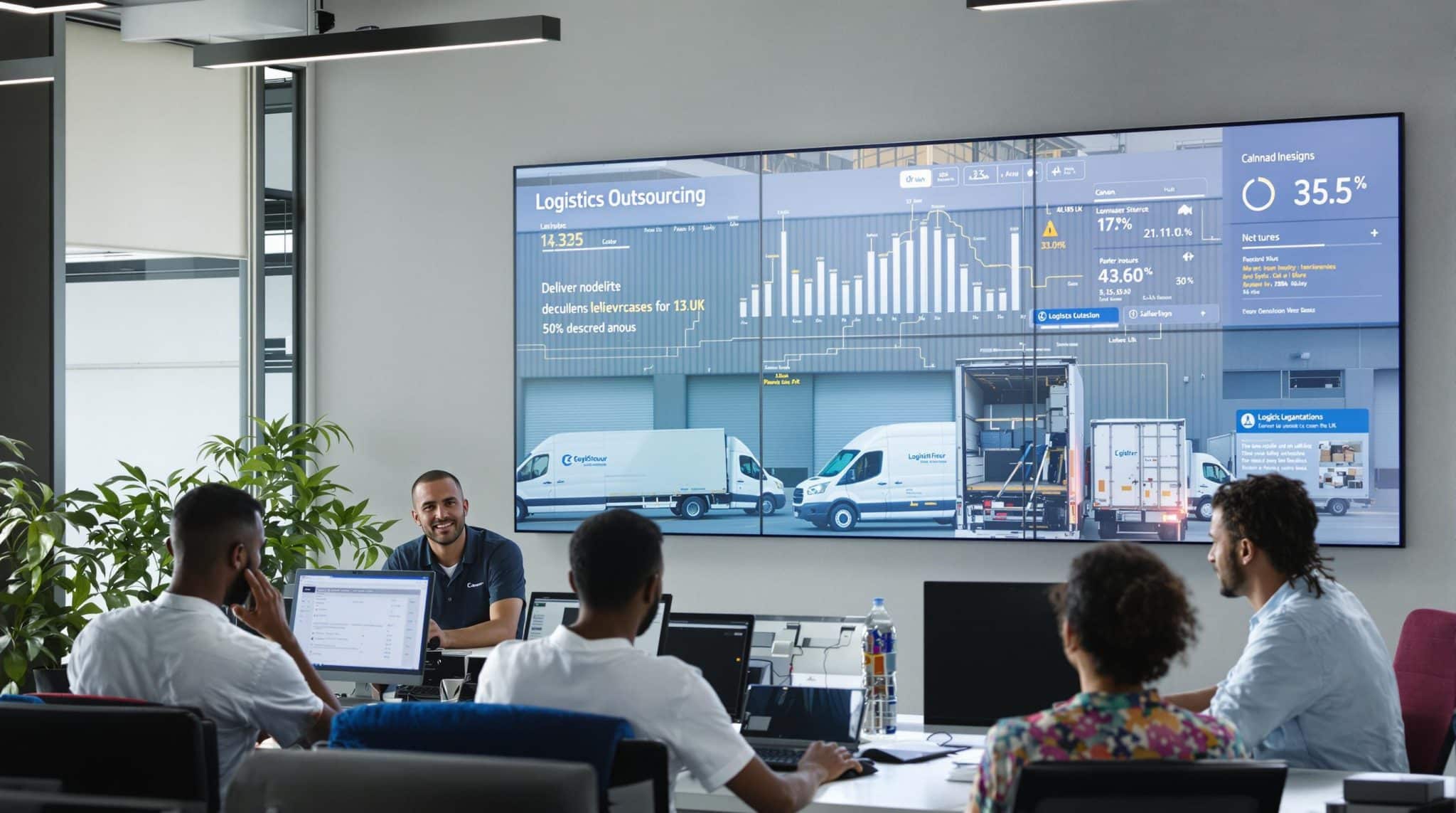 UK logistics team in modern office with delivery dashboard