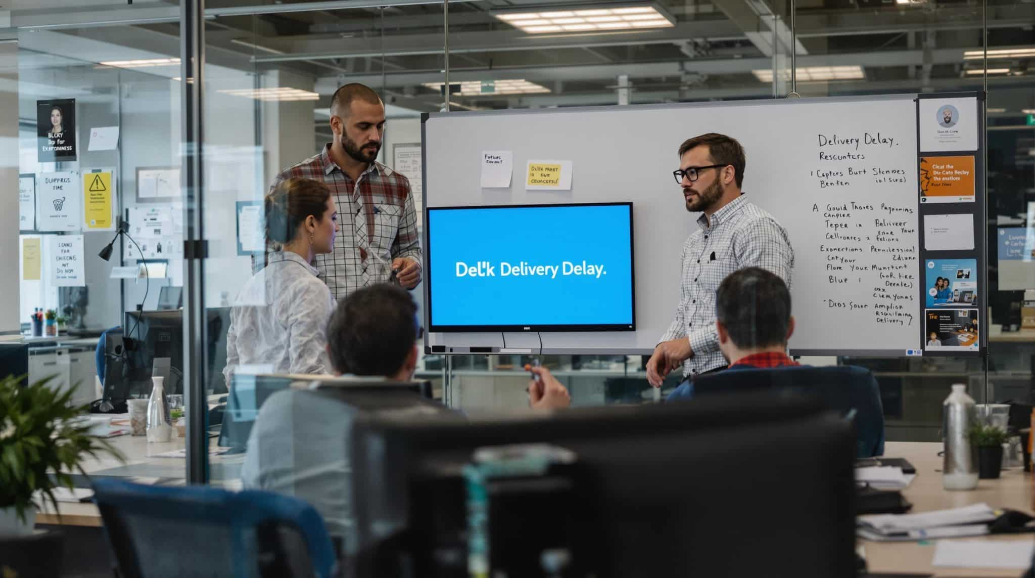 Office team reacting to delivery delay screen with 'Delivery Delay' whiteboard