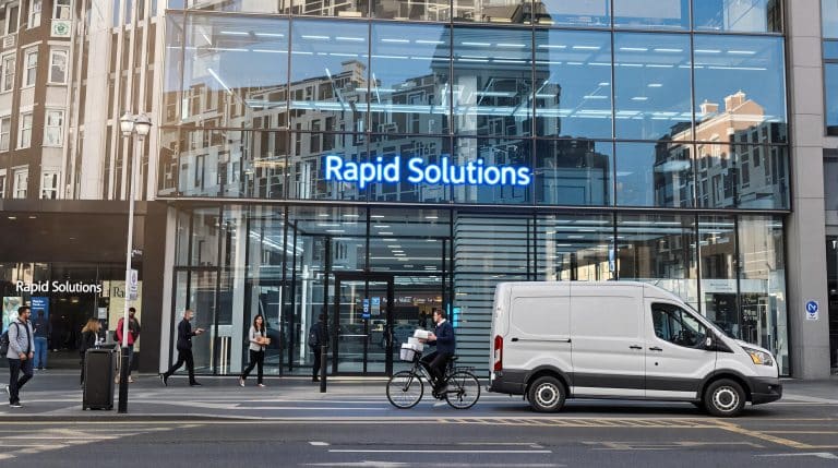 Cycle courier delivers urgent parcel outside UK office at sunrise