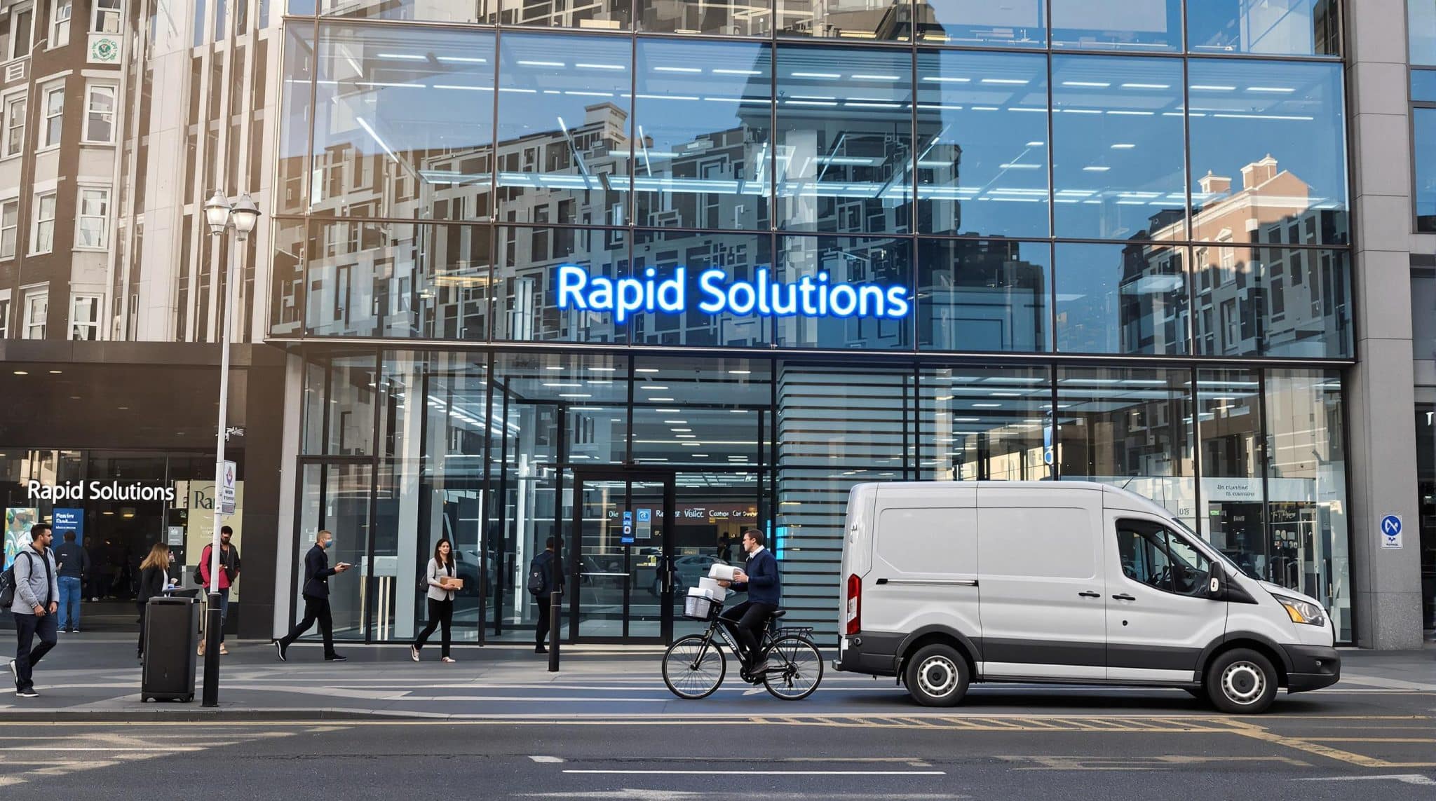 Cycle courier delivers urgent parcel outside UK office at sunrise