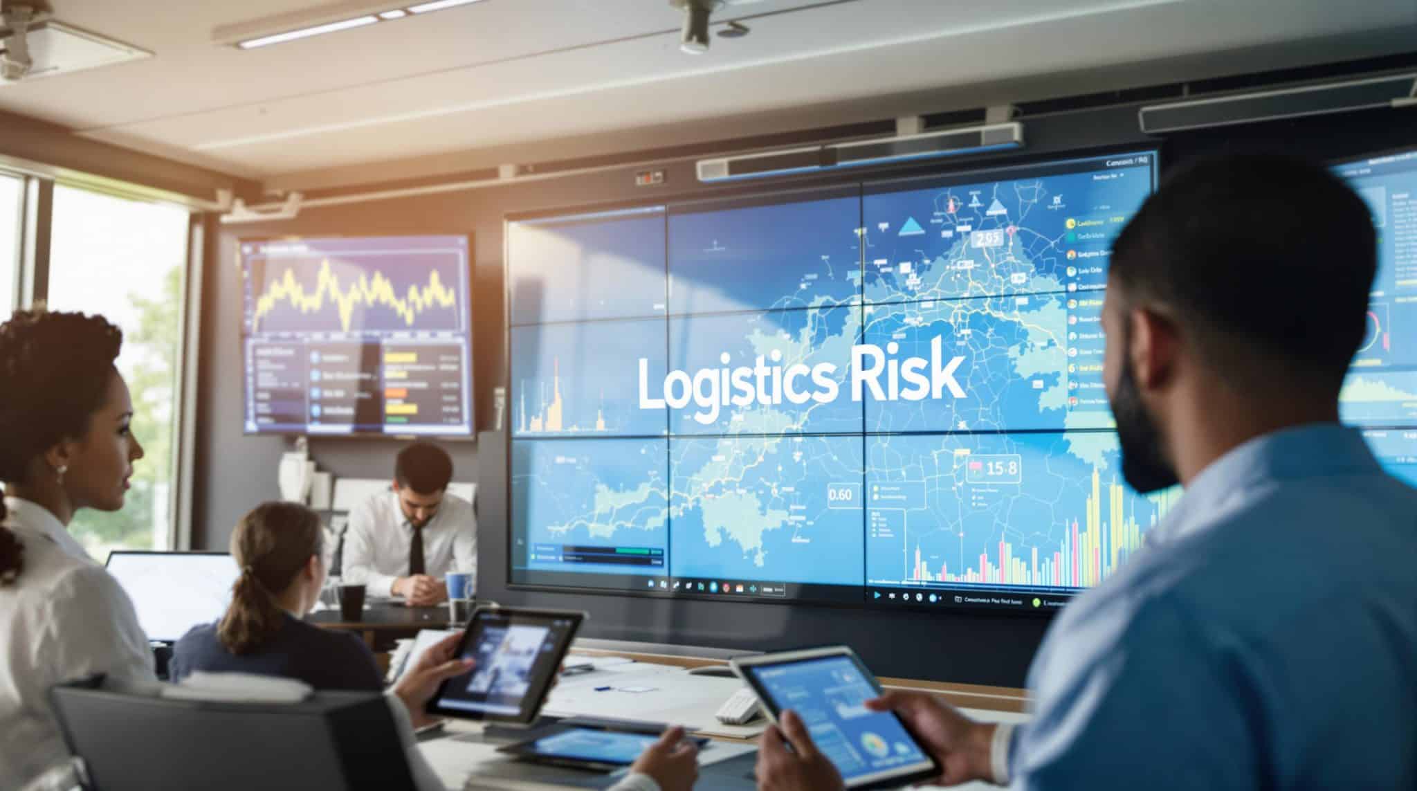 Logistics team monitors live risk data on digital screens