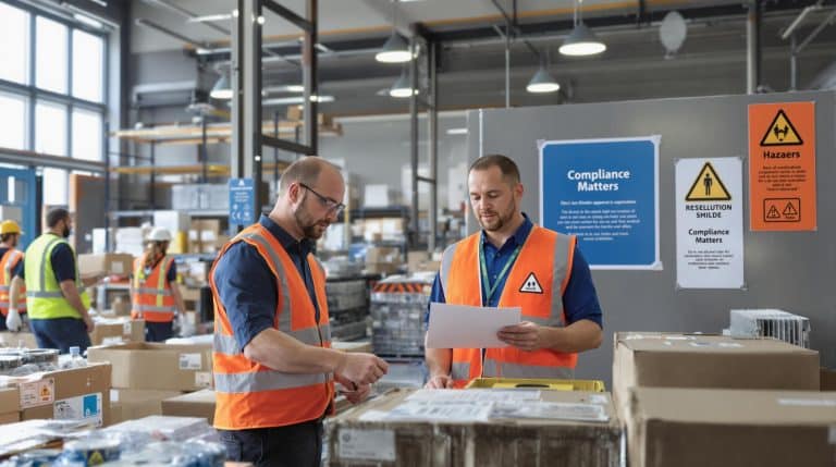 Warehouse workers inspect hazardous material packages with compliance signage and documents.