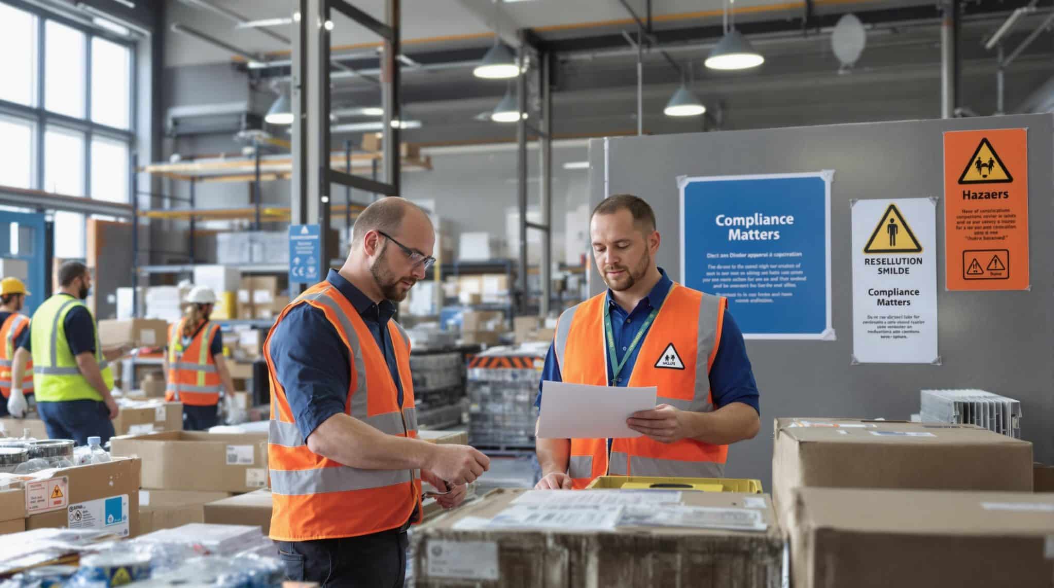Warehouse workers inspect hazardous material packages with compliance signage and documents.
