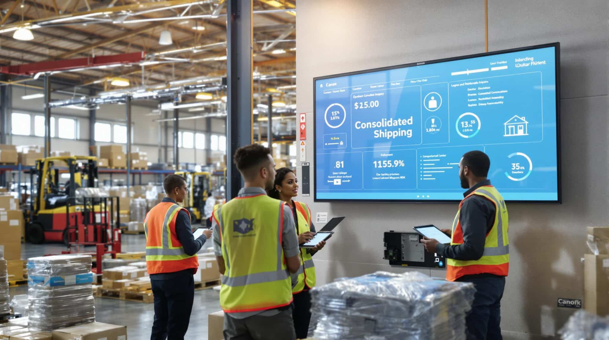 Logistics hub workers coordinating consolidated shipments in a UK warehouse