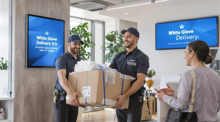 Delivery specialists unboxing fragile item in office with digital sign showing White Glove Delivery