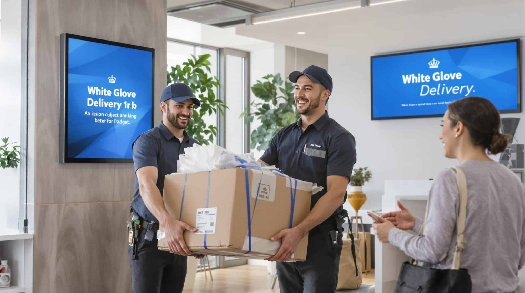Delivery specialists unboxing fragile item in office with digital sign showing White Glove Delivery