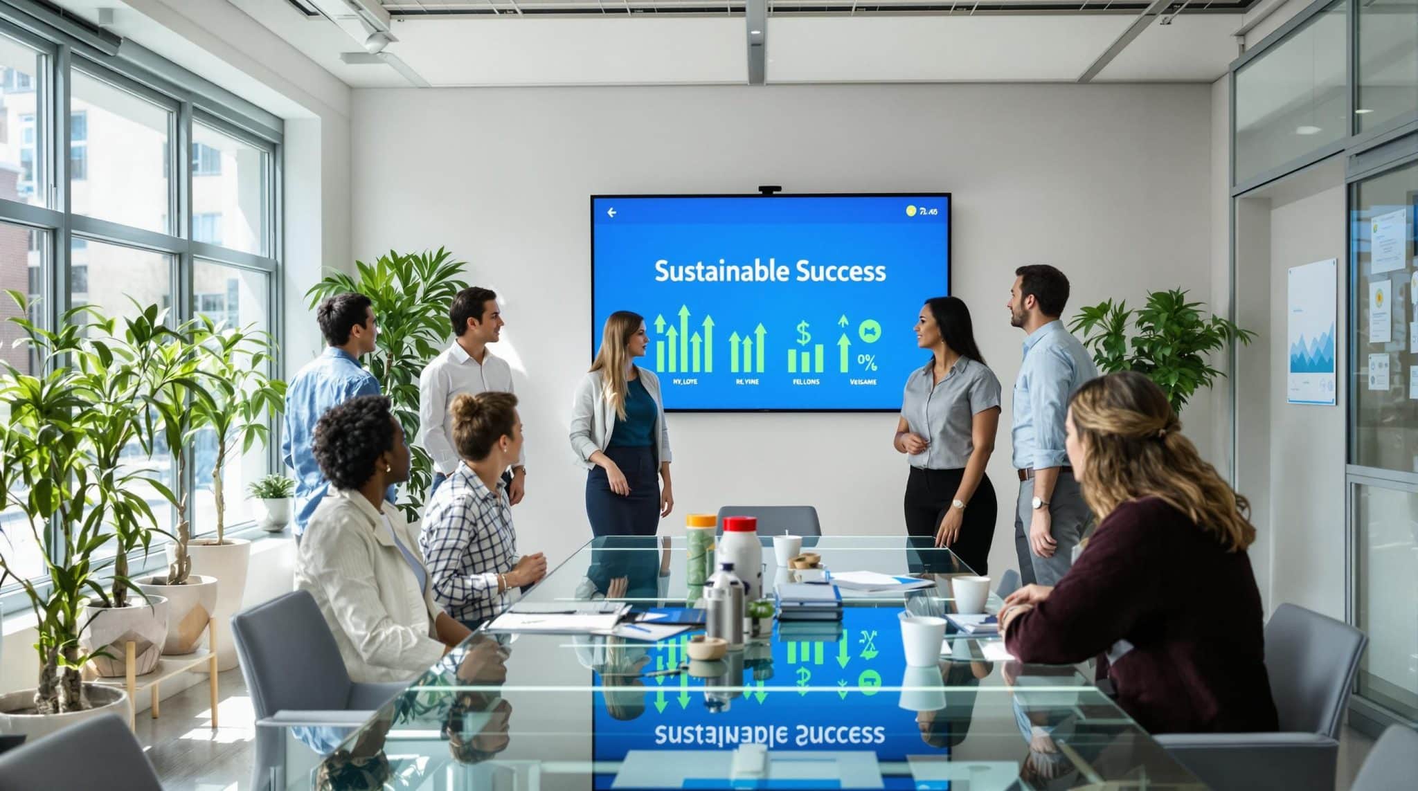 Diverse UK business team meeting about sustainable success in modern office