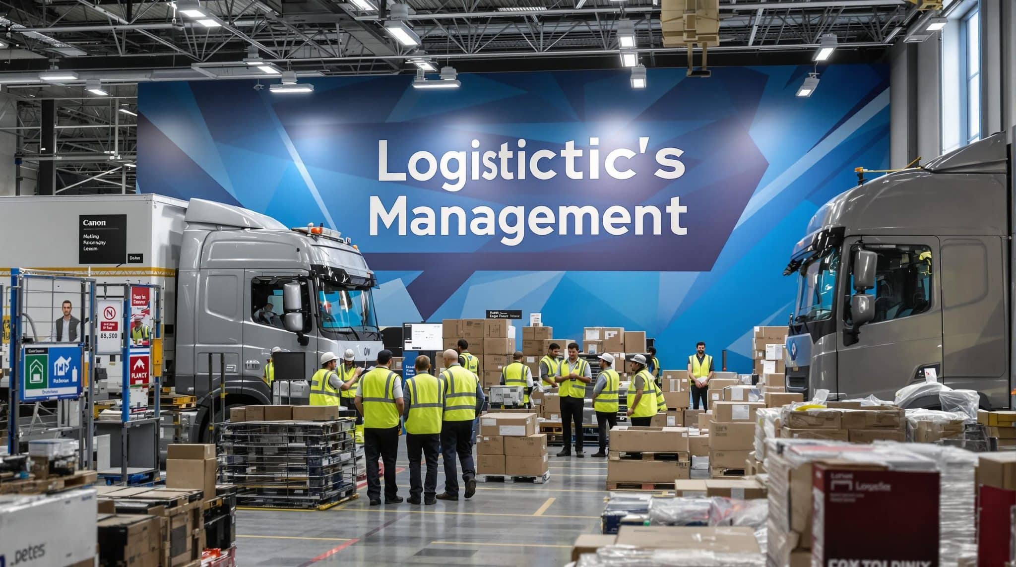 UK logistics team collaborating in modern warehouse with 'Logistics Management' signage