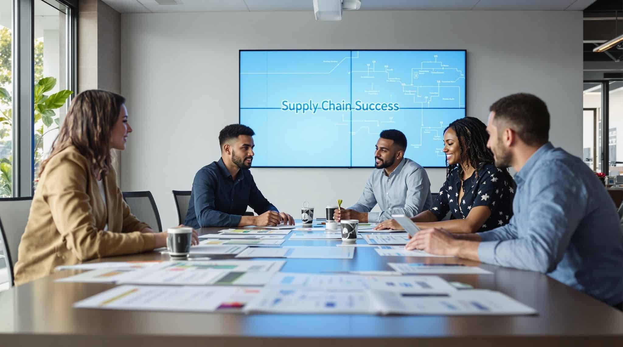 Logistics team in UK office collaborating on supply chain planning