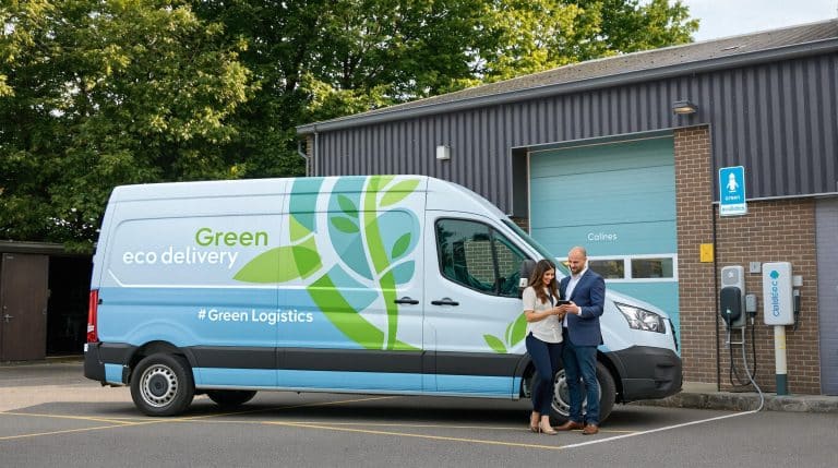 UK logistics team with electric van discussing eco-friendly business strategy