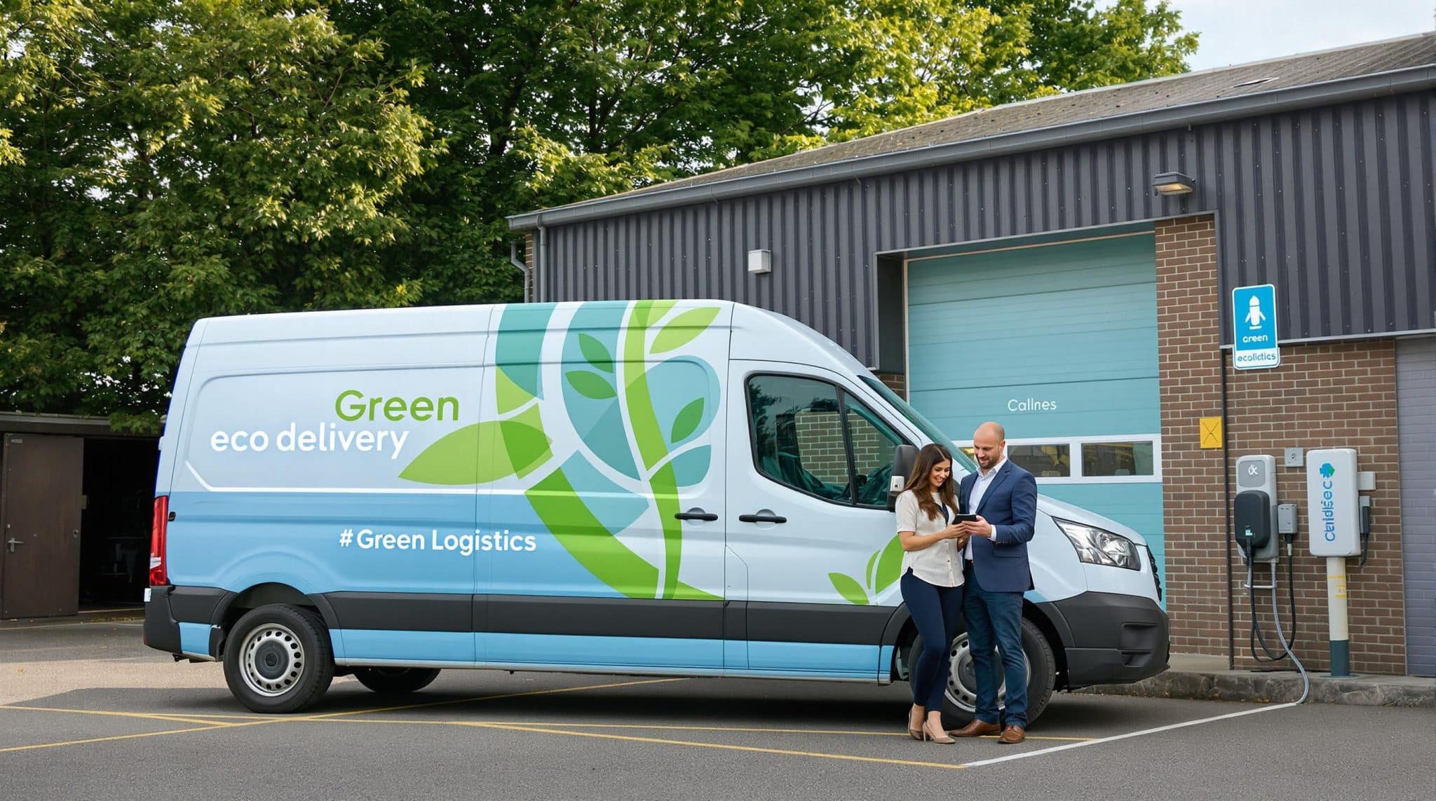 UK logistics team with electric van discussing eco-friendly business strategy